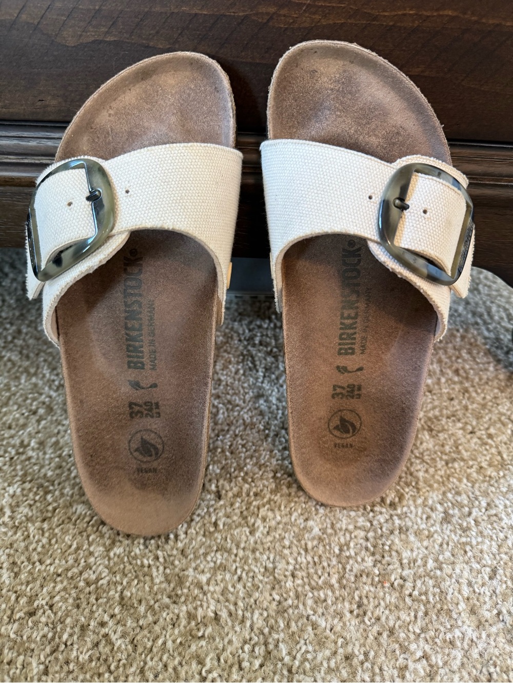 Birkenstock Single Strap Canvas Slides in Light Tan Color